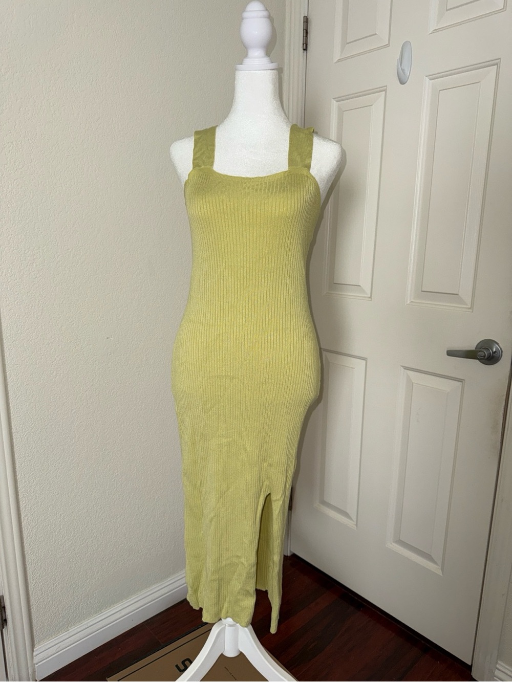 Shyanne Green Ribbed Midi Dress with Front Slit